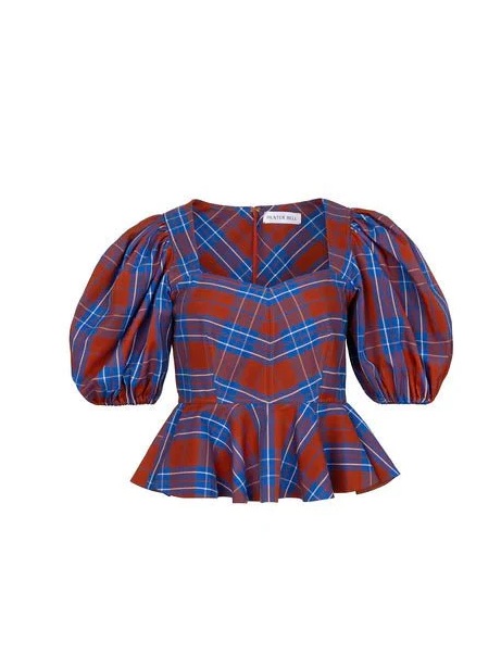 Hunter Bell Red And Blue Plaid Puff-Sleeve Peplum Kaia Top
